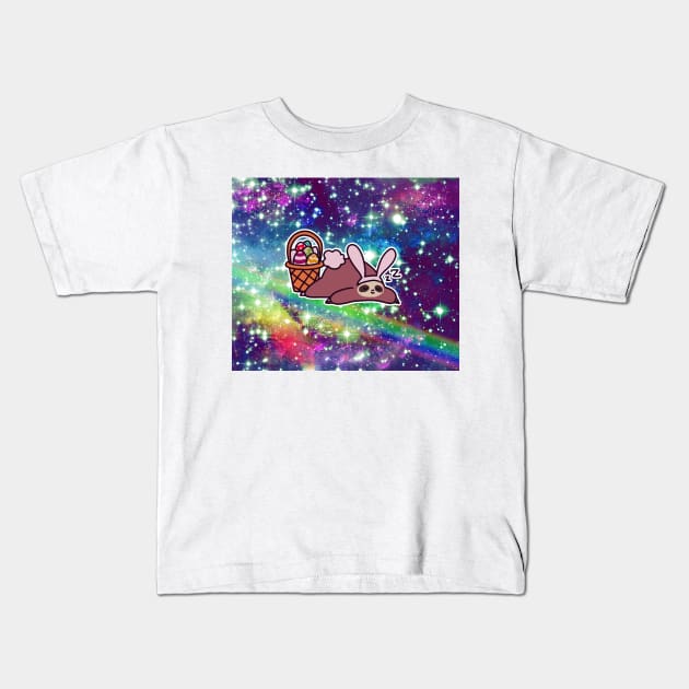 Sleepy Easter Bunny Sloth - Rainbow Space Kids T-Shirt by saradaboru